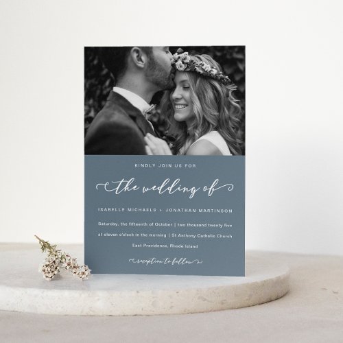 Dusty Blue Wedding Calligraphy and Photo Invitation