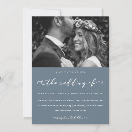 Dusty Blue Wedding Calligraphy and Photo Invitation | Zazzle