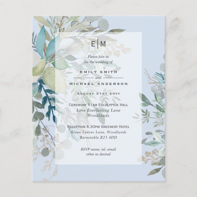 Dusty Blue Wedding Ceremony and Reception Invite Flyer (Front)