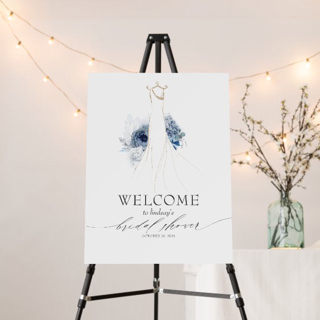 Dusty Blue Wedding Dress Bridal Shower Welcome Foam Board (In Situ (Stand))