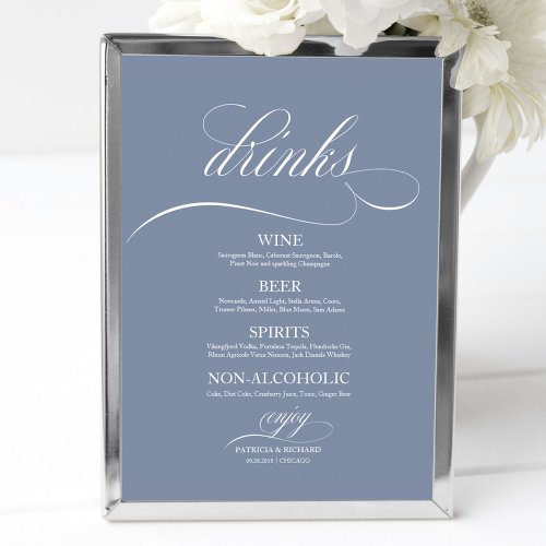 Dusty Blue Wedding Drinks Bar Menu Sign