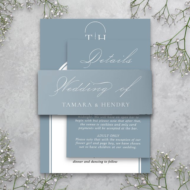 Dusty Blue Wedding Elegant Calligraphy Invitation Belly Band (Elegant Dusty Blue wedding invitation belly band  from my Wedding Colors Collection)