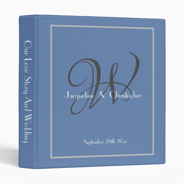 Dusty Blue Wedding Elegant Dark Monogram Theme 3 Ring Binder (Front/Spine)