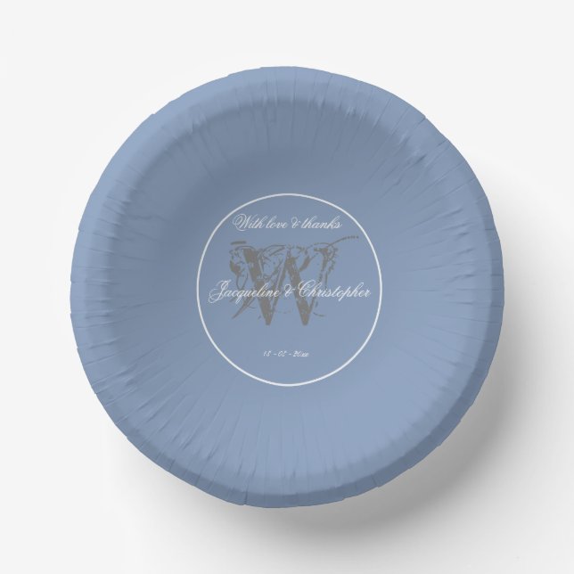 Dusty Blue Wedding Elegant Gray Monogram Paper Bowls (Front)
