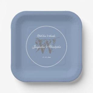Dusty Blue Wedding Elegant Gray Monogram   Paper Plates