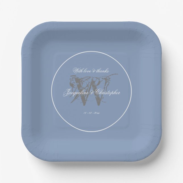 Dusty Blue Wedding Elegant Gray Monogram   Paper Plates (Front)