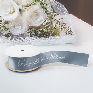 Dusty Blue Wedding Elegant Script Calligraphy Satin Ribbon