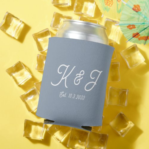 Dusty Blue Wedding Favor Monogrammed Can Cooler