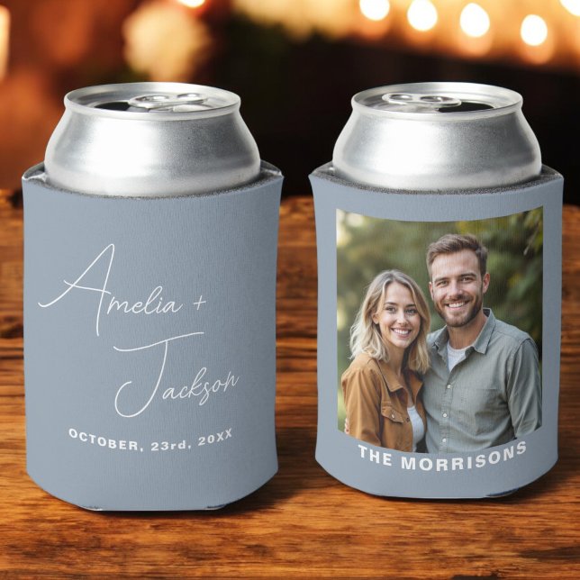 Dusty Blue Wedding Favor Photo Modern Minimalist  Can Cooler (Creator Uploaded)