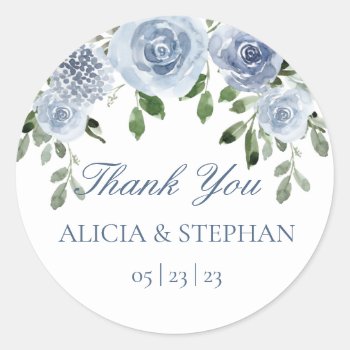 Dusty Blue Wedding Favor Thank You Round Sticker by AnnounceIt at Zazzle
