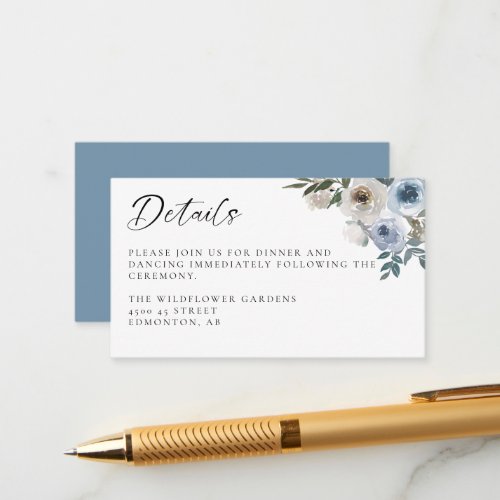 Dusty Blue Wedding Floral Details Reception Script Enclosure Card