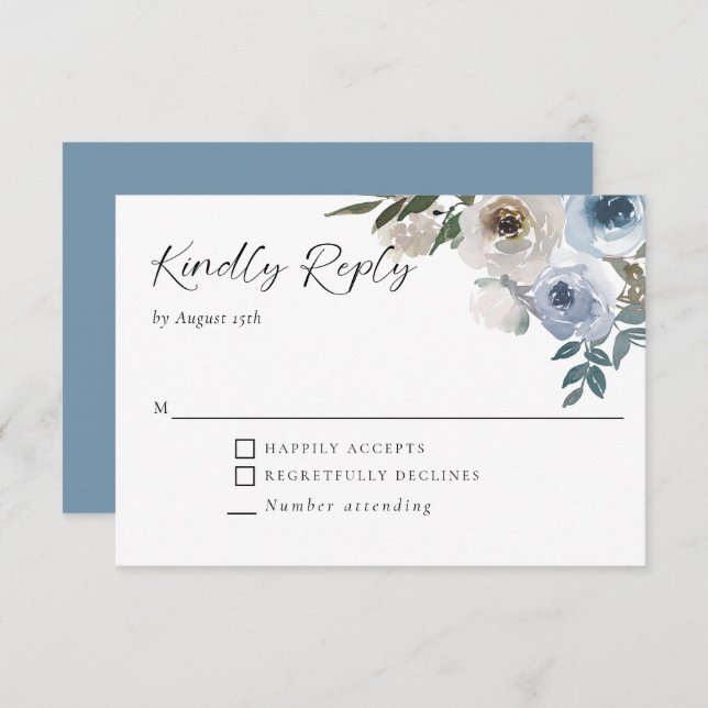 Dusty Blue Wedding Floral Elegant Kindly Reply RSVP Card (Front/Back)