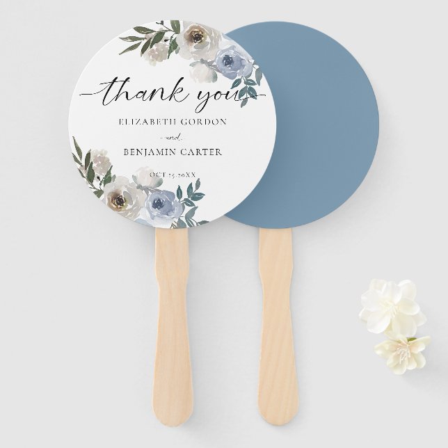 Dusty Blue Wedding Floral Elegant Script Rustic   Hand Fan (Front and Back)