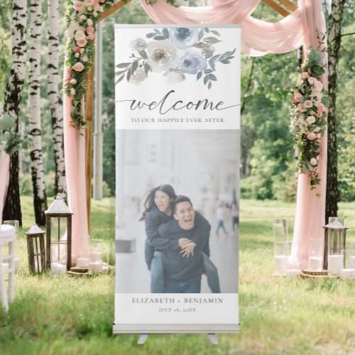 Dusty Blue Wedding Floral Photo Welcome  Retractable Banner