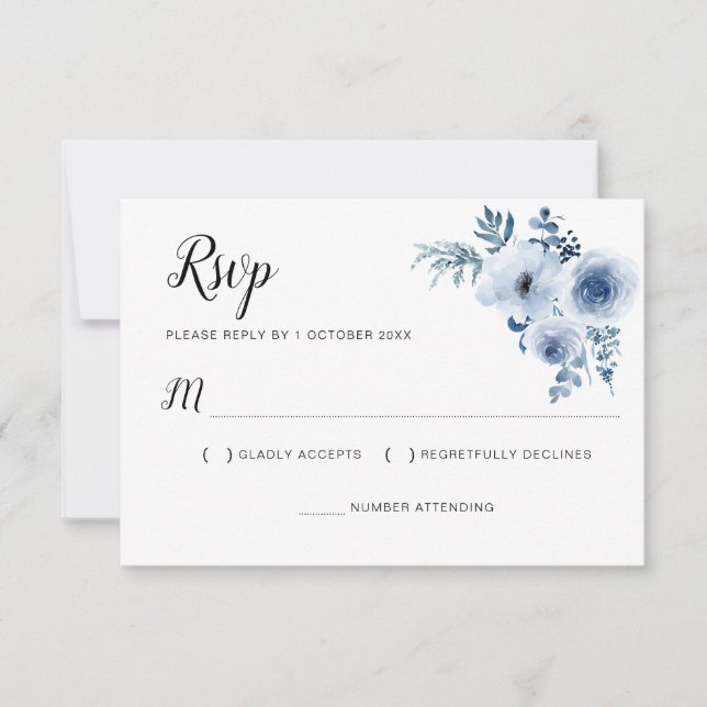 dusty blue wedding floral RSVP card (Front)