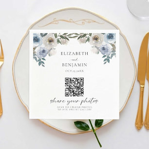 Dusty Blue Wedding Floral Share Photos QR Code Napkins