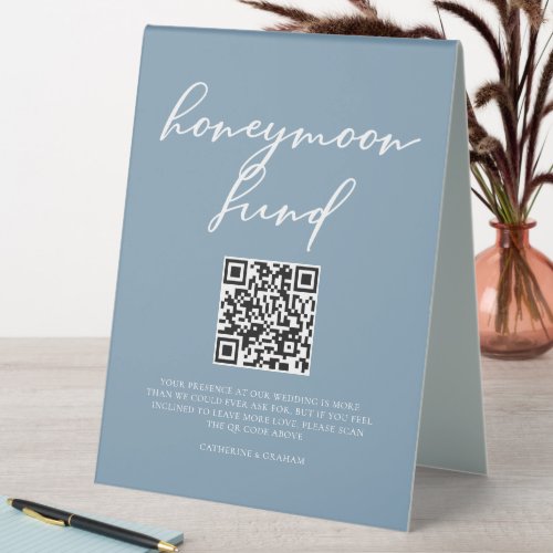 Dusty Blue Wedding Honeymoon Fund QR Code Table Tent