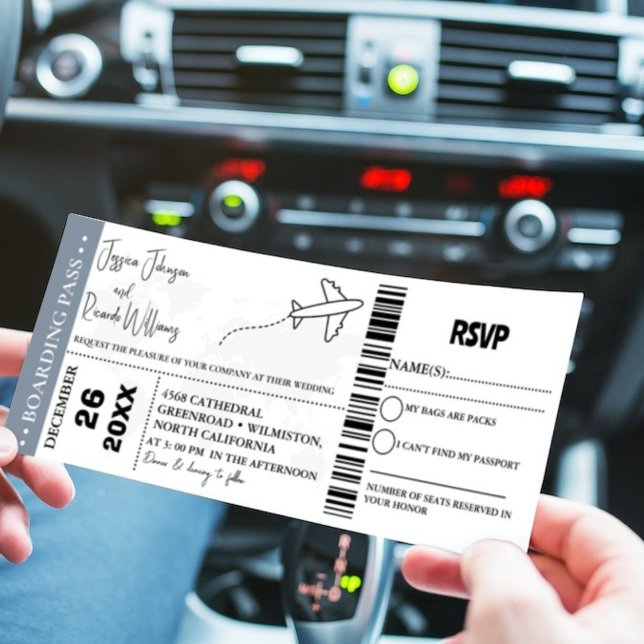 Dusty blue Wedding invitation Boarding pass ticket (Creator Uploaded)
