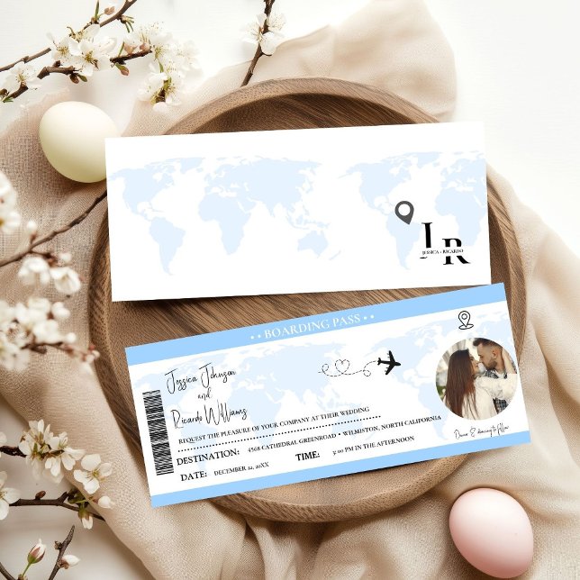 Dusty Blue Wedding invitation Boarding pass ticket (Creator Uploaded)