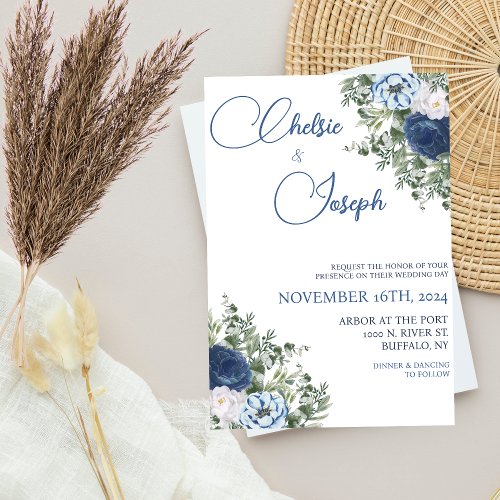 Dusty Blue Wedding Invitation  Elegant  Floral  