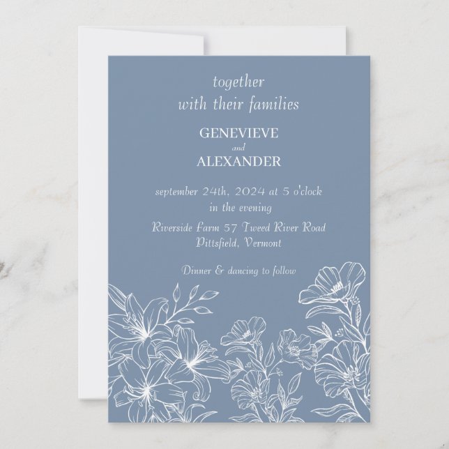 Dusty Blue Wedding Invitation with Lilies (Front)