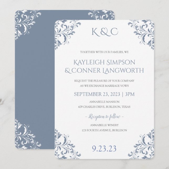 Dusty Blue Wedding Invitations | Elegant Vintage (Front/Back)
