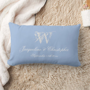 Dusty Blue Wedding Keepsake Monogram Script Names  Lumbar Pillow