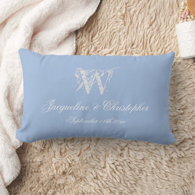 Dusty Blue Wedding Keepsake Monogram Script Names  Lumbar Pillow (Blanket)