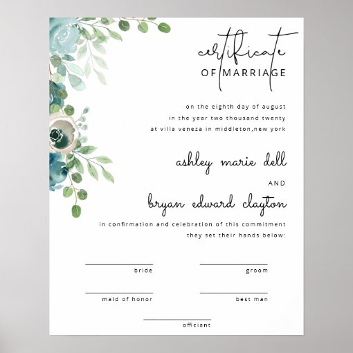 Dusty Blue Wedding Marriage Certificate Card Poster | Zazzle