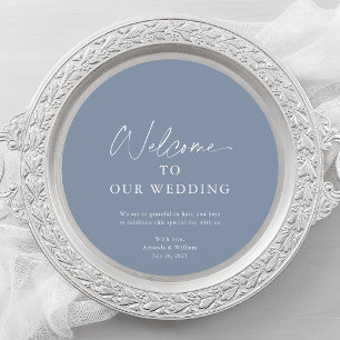 Dusty Blue Wedding Menu Card with Welcome Message