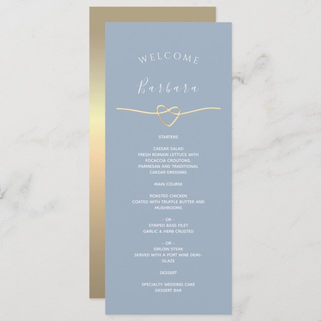 Dusty Blue Wedding Menu with Guest Name (Front/Back)