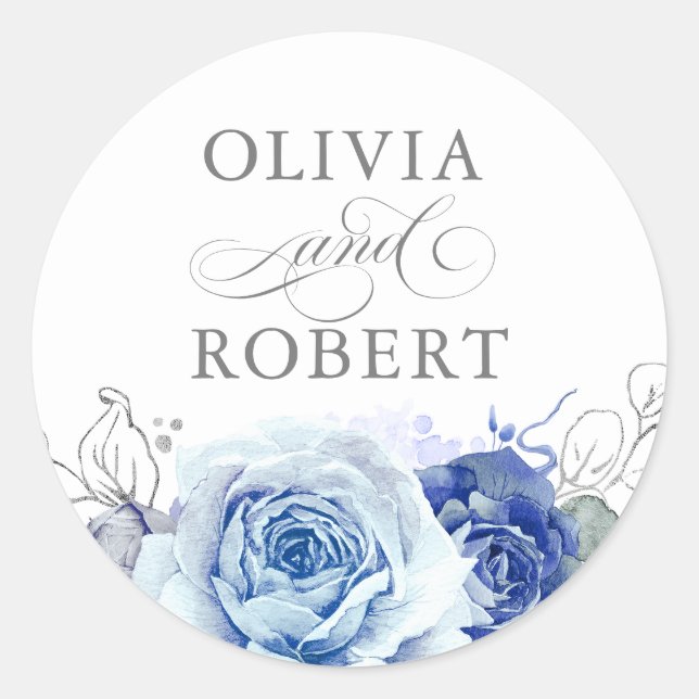Dusty Blue Wedding Modern Floral Boho Classic Round Sticker (Front)