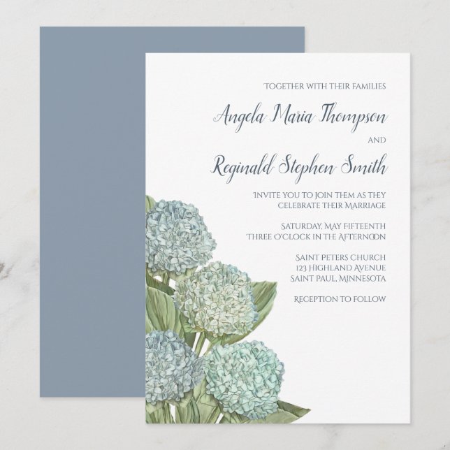 Dusty Blue Wedding Modern Hydrangea Simple  Invitation (Front/Back)
