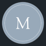 Dusty Blue | Wedding Monogram Classic Round Sticker<br><div class="desc">This simple yet elegant wedding sticker features a trendy,  dusty blue background with your initial in modern white text,  and a matching white circular frame. It is made to coordinate perfectly with our "subtle watercolor roses" wedding collection.</div>