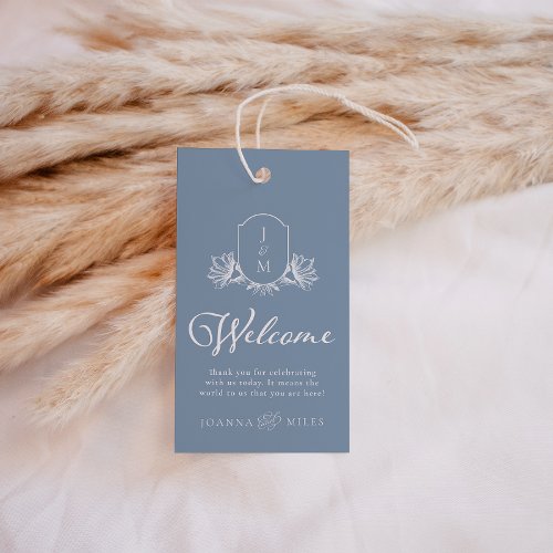 Dusty Blue Wedding Monogram Crest Welcome Tags