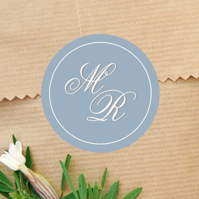 Dusty Blue Wedding Monogram Custom Classic Round Sticker (Elegant dusty blue monogram sticker template.)