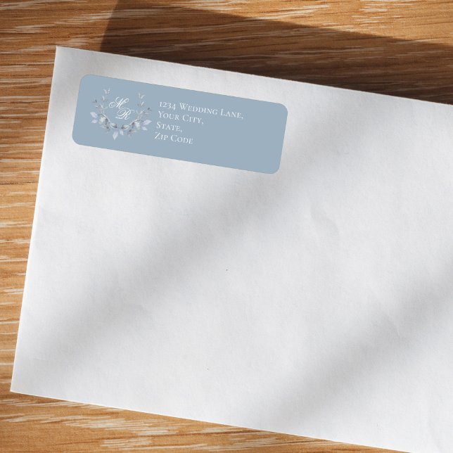 Dusty Blue Wedding Monogram Floral Script Label (Dusty blue floral monogram return address label on envelope, soft romantic wedding style)
