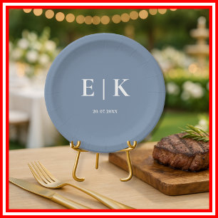 Dusty Blue Wedding   Monogram Paper Plates