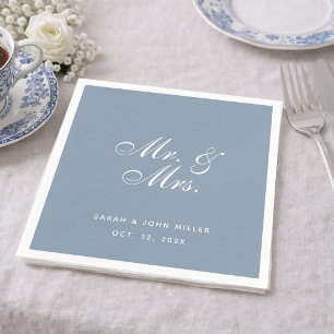 Dusty Blue Wedding Mr. and Mrs. White Calligraphy Napkins