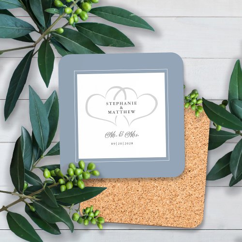 Dusty Blue Wedding Mr  Mrs Elegant Chic Hearts Beverage Coaster