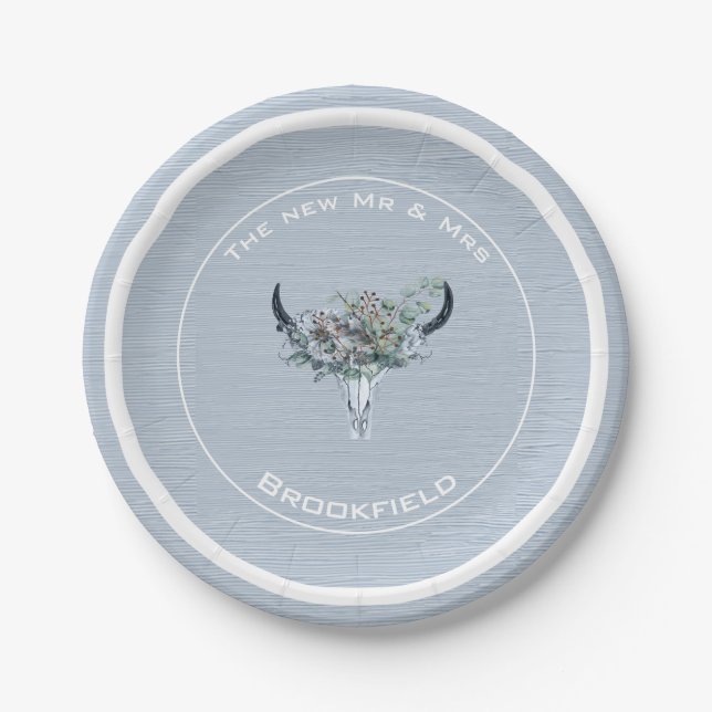 Dusty Blue Wedding New Mr Mrs with Surname Paper Plates (Front)