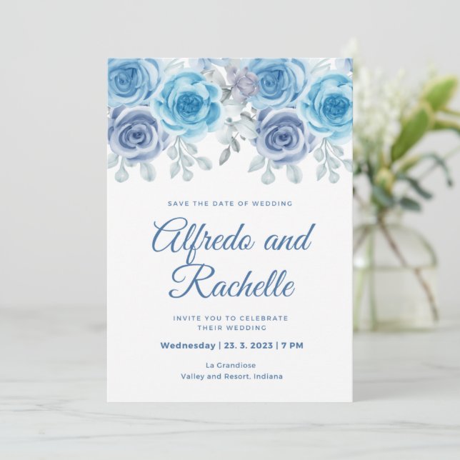 dusty blue wedding peony rose floral wedding invit invitation (Standing Front)