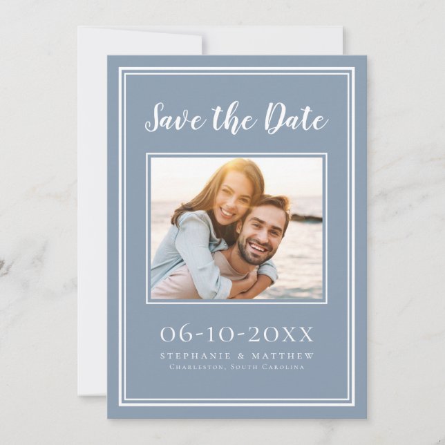 Dusty Blue Wedding Photo Simple Engagement Modern Save The Date (Front)