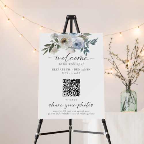 Dusty Blue Wedding Photos QR Code Welcome Script Foam Board