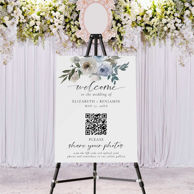 Dusty Blue Wedding Photos QR Code Welcome Script Foam Board (Creator Uploaded)