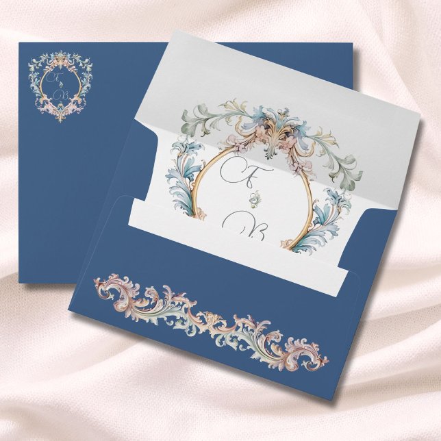 Dusty Blue Wedding Regency Elegant Monogram Crest  Envelope (Creator Uploaded)