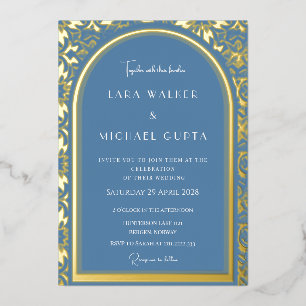 Dusty Blue Wedding (Retro-Dotted) Foil Invitation
