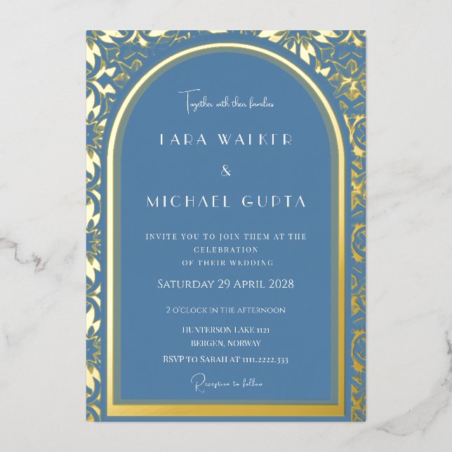 Dusty Blue Wedding (Retro-Dotted) Foil Invitation (Front)