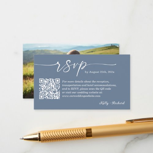 Dusty Blue Wedding RSVP Website QR Code Photo Enclosure Card