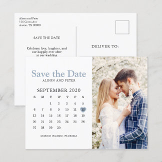 Dusty Blue Wedding Save the Date Calendar Photo Announcement Postcard